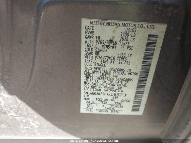 2005 NISSAN XTERRA S VIN: 5N1AN08W25C616573