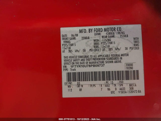2008 FORD RANGER XL/XLT/SPORT VIN: 1FTYR10U78PB09737