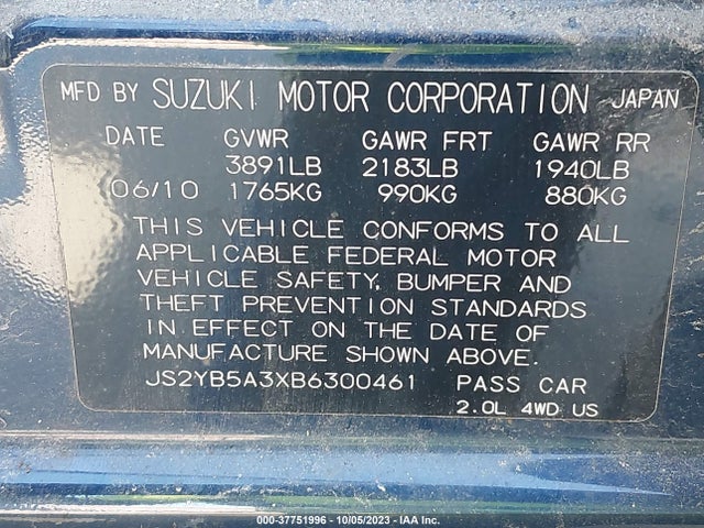 2011 SUZUKI SX4 CROSSOVER VIN: JS2YB5A3XB6300461