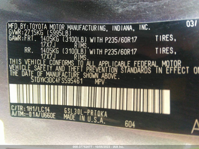 2015 TOYOTA SIENNA LTD VIN: 5TDYK3DC4FS595461