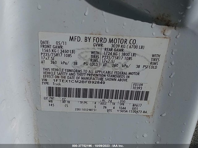 2011 FORD F-150 XL VIN: 1FTEX1CM2BFB92849