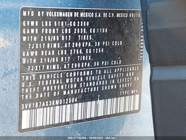 3VV1B7AX3KM012504 Volkswagen TIGUAN S