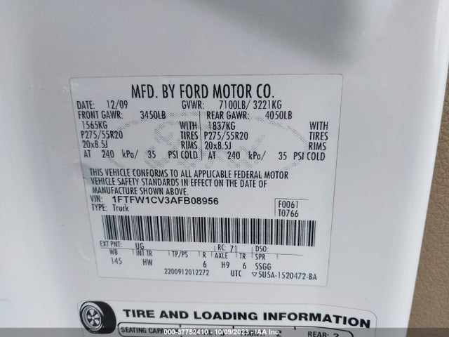 2010 FORD F-150 XL/XLT VIN: 1FTFW1CV3AFB08956