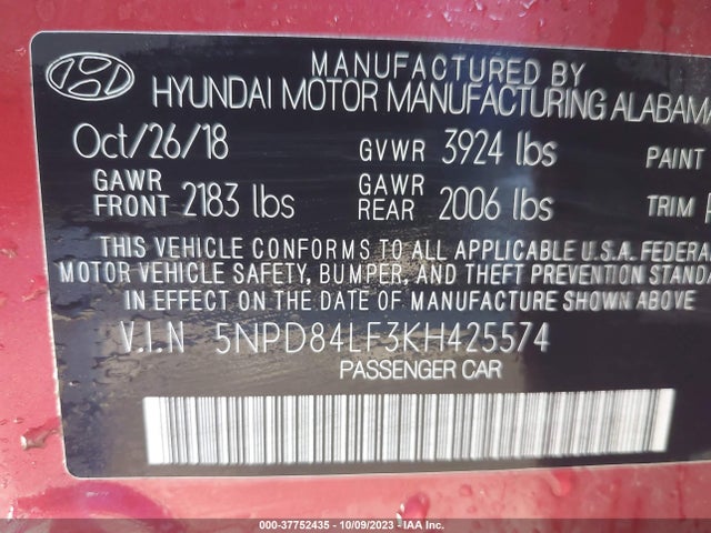 2019 HYUNDAI ELANTRA SEL VIN: 5NPD84LF3KH425574