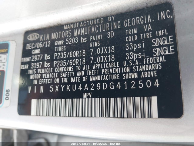 2013 KIA SORENTO EX VIN: 5XYKU4A29DG412504