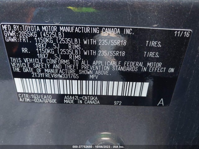 2017 TOYOTA RAV4 LIMITED/PLATINUM VIN: 2T3YFREV8HW331765