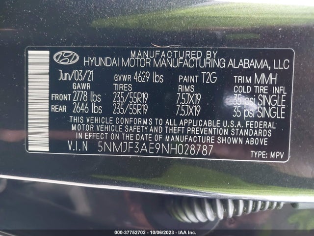 2022 HYUNDAI TUCSON SEL VIN: 5NMJF3AE9NH028787