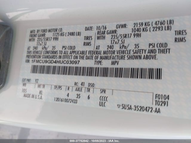 1FMCU9GD4HUC03097 Ford ESCAPE SE