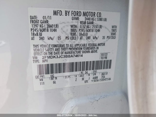 2011 FORD EDGE SEL VIN: 2FMDK3JC3BBA74614
