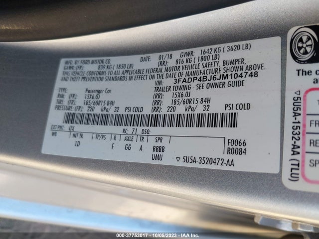 2018 FORD FIESTA SE VIN: 3FADP4BJ6JM104748