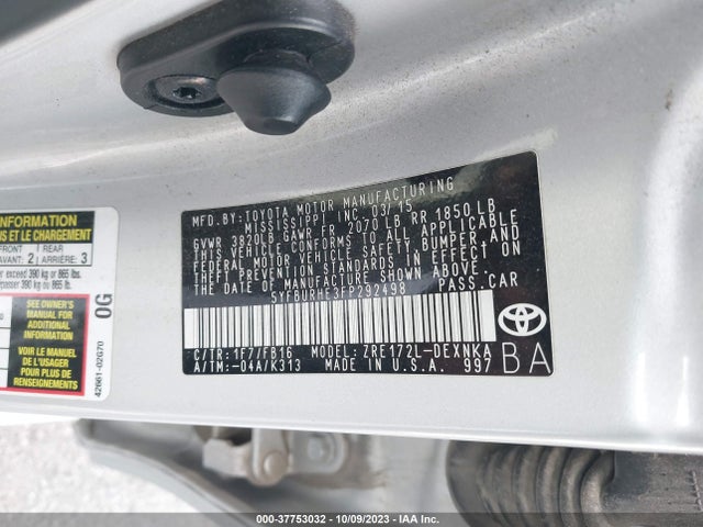 Toyota Corolla L/le/s/s Plus/le Plus 2015 5YFBURHE3FP292498 Image 9