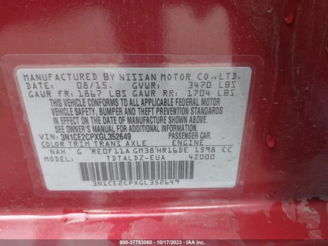 3N1CE2CPXGL352649 Nissan Versa Note Sv
