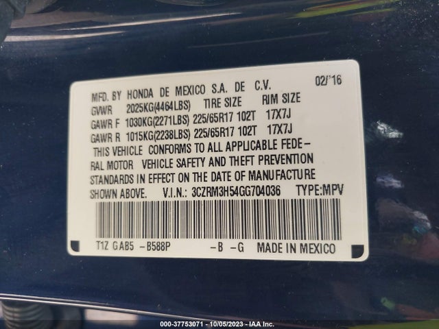 Honda CR-V EX 2016 3CZRM3H54GG704036 Image 9