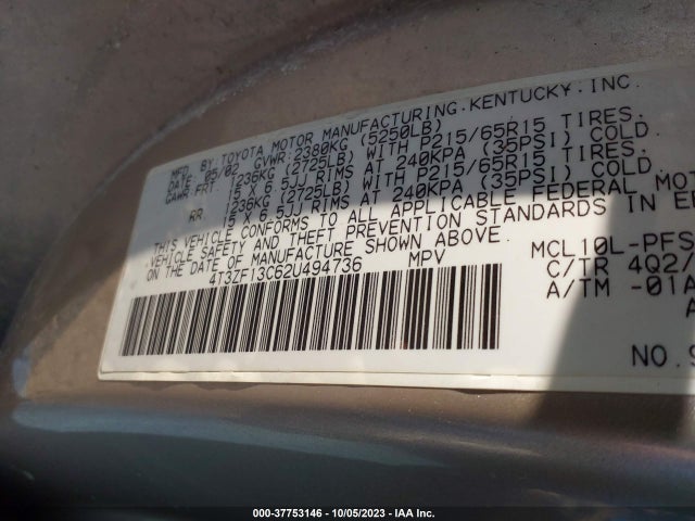 2002 TOYOTA SIENNA LE/XLE VIN: 4T3ZF13C62U494736