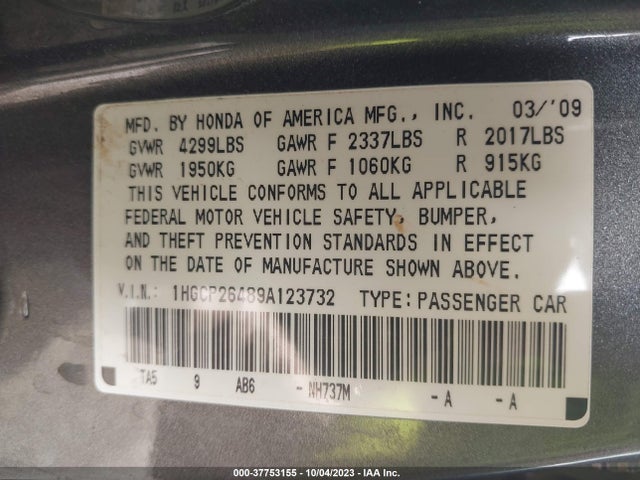 2009 HONDA ACCORD SDN LX-P VIN: 1HGCP26489A123732