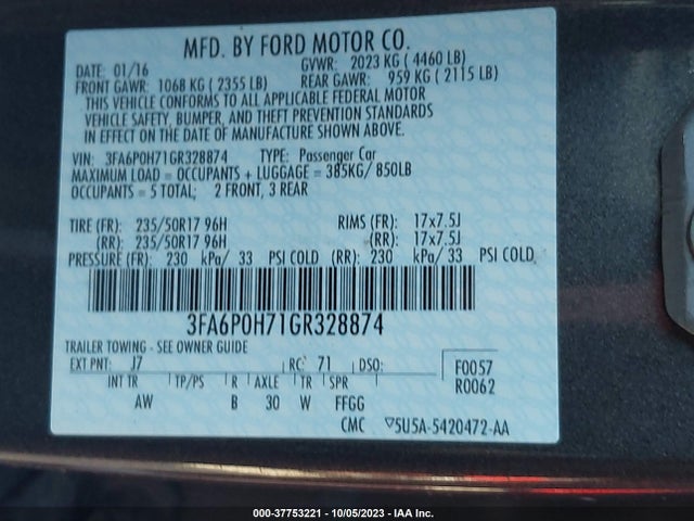 Ford FUSION SE 2016 3FA6P0H71GR328874 Image 9
