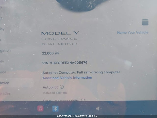 2022 TESLA MODEL Y LONG RANGE VIN: 7SAYGDEEXNA005676