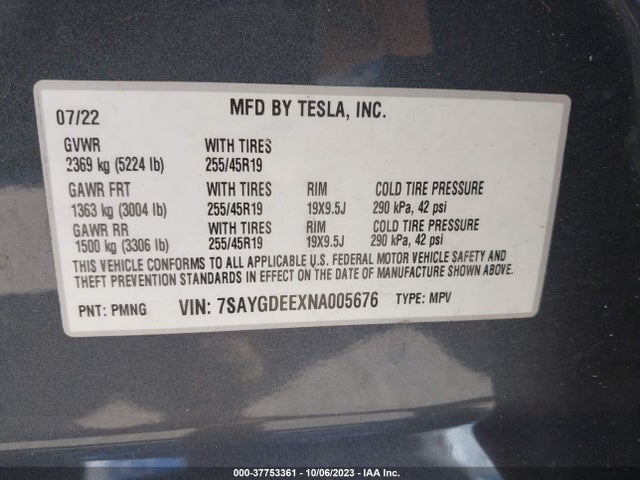 2022 TESLA MODEL Y LONG RANGE VIN: 7SAYGDEEXNA005676