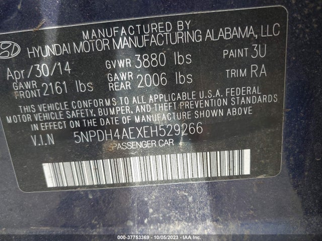 2014 HYUNDAI ELANTRA SE VIN: 5NPDH4AEXEH529266