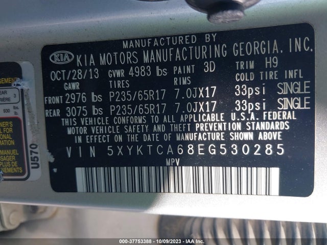 KIA SORENTO LX 2014 5XYKTCA68EG530285 Image 9