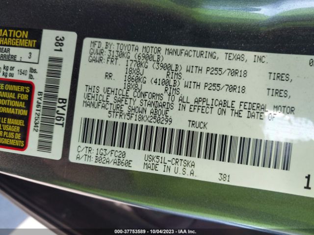 2019 TOYOTA TUNDRA 2WD 5TFRY5F18KX250299 Photo 8