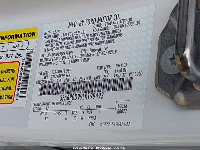 2020 FORD FUSION TITANIUM VIN: 3FA6P0D99LR199493