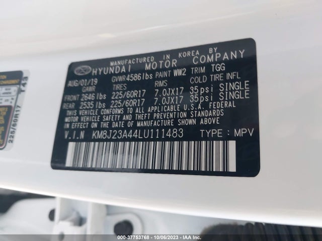 2020 HYUNDAI TUCSON SE VIN: KM8J23A44LU111483
