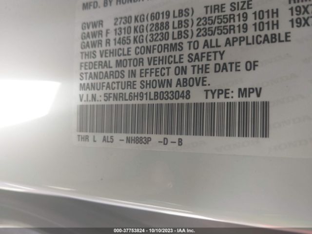 5FNRL6H91LB033048 Honda Odyssey Elite