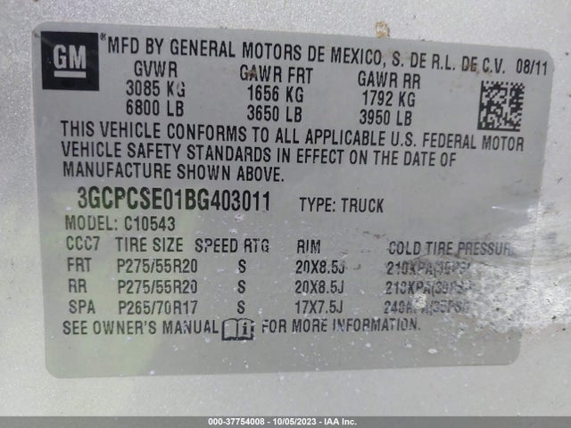 2011 CHEVROLET SILVERADO 1500 LT VIN: 3GCPCSE01BG403011