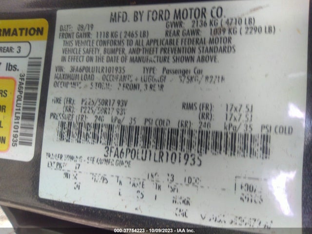 2020 FORD FUSION HYBRID SE VIN: 3FA6P0LU1LR101935