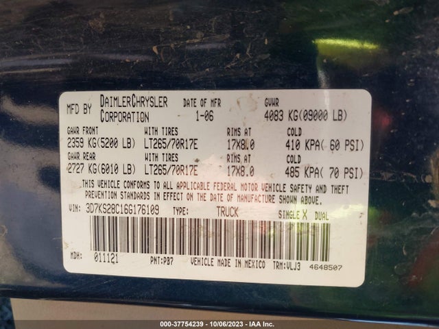 2006 DODGE RAM 2500 LARAMIE VIN: 3D7KS28C16G176109