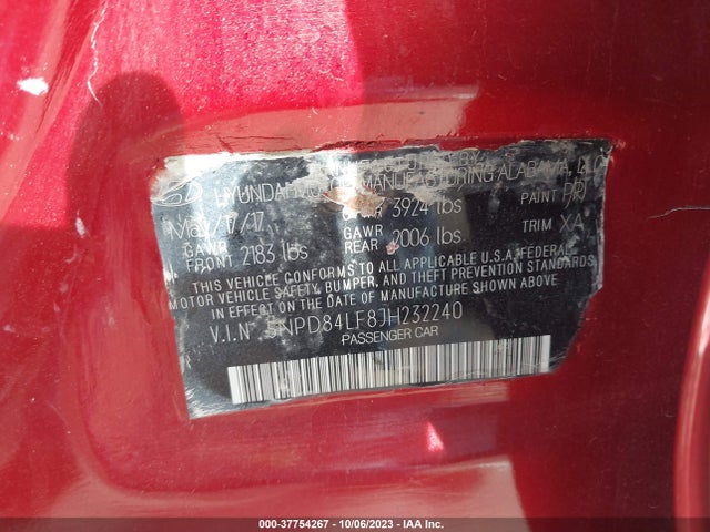 Hyundai ELANTRA SEL 2018 5NPD84LF8JH232240 Image 9