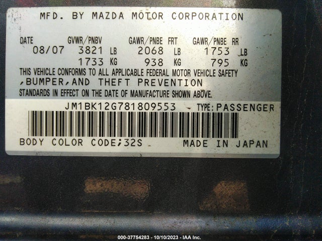 37754283 :رقم المزاد ، JM1BK12G781809553 vin ، 2008 Mazda Mazda3 Sport *ltd Avail* مزاد بيع