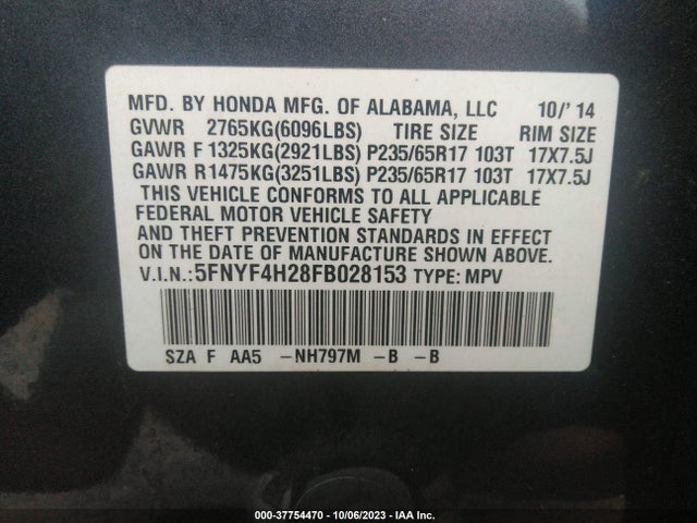 Honda PILOT LX 2015 5FNYF4H28FB028153 Image 9