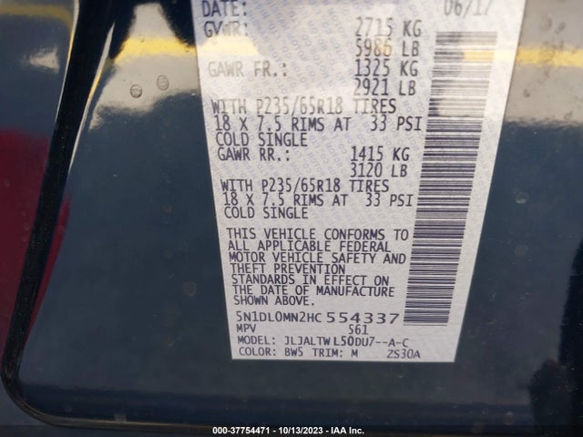 2017 INFINITI QX60 VIN: 5N1DL0MN2HC554337