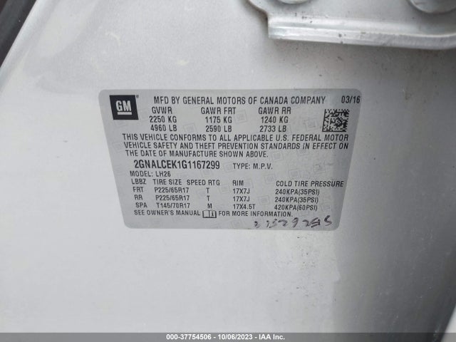 Chevrolet EQUINOX LT 2016 2GNALCEK1G1167299 Image 9