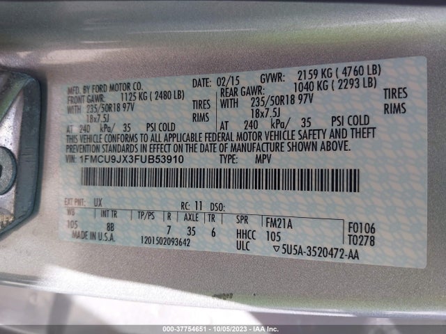 2015 FORD ESCAPE TITANIUM VIN: 1FMCU9JX3FUB53910