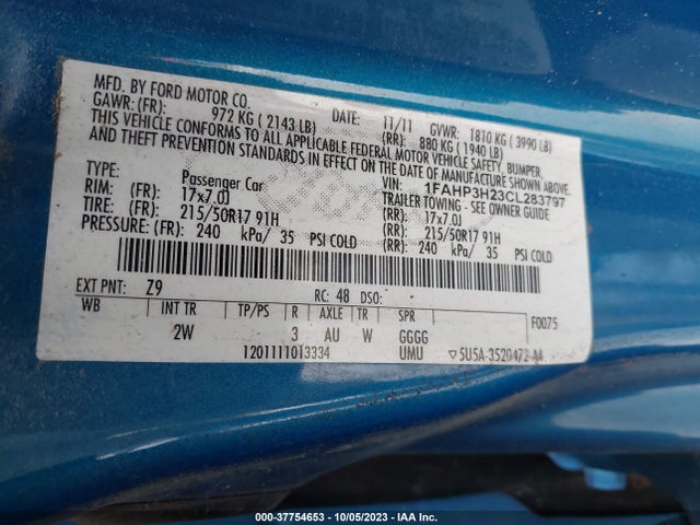 2012 FORD FOCUS SEL VIN: 1FAHP3H23CL283797