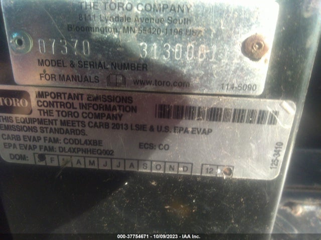 37754671 :رقم المزاد ، 313000111 vin ، 2013 Toro Workman Hdx مزاد بيع