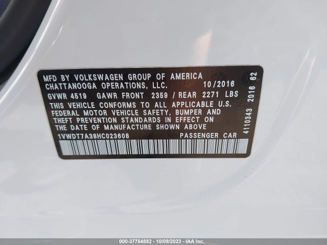 2017 VOLKSWAGEN PASSAT 1.8T R-LINE VIN: 1VWDT7A38HC023608