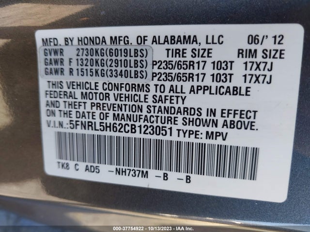 2012 HONDA ODYSSEY EX-L VIN: 5FNRL5H62CB123051