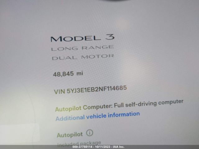 5YJ3E1EB2NF114685 Tesla Model 3 Long Range Dual Motor All-wheel Drive