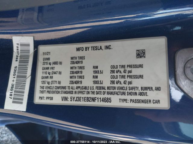 5YJ3E1EB2NF114685 Tesla Model 3 Long Range Dual Motor All-wheel Drive