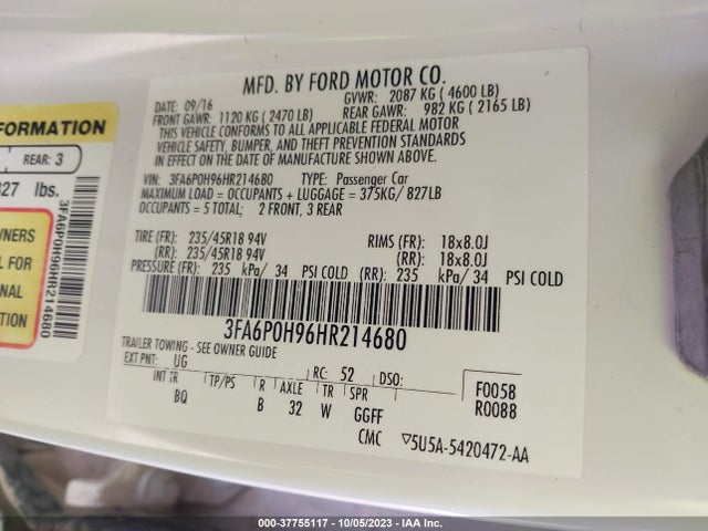 Ford FUSION SE 2017 3FA6P0H96HR214680 Image 9