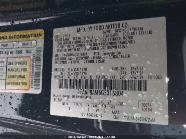 1FA6P8AM6G5316804 Ford Mustang V6