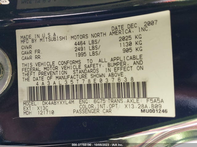 2008 MITSUBISHI ECLIPSE SPYDER 4A3AL35T78E037638 Photo 8