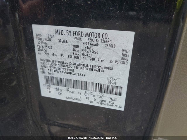 2008 FORD F-150 XLT/LARIAT/FX4 VIN: 1FTPW14V48KC53847