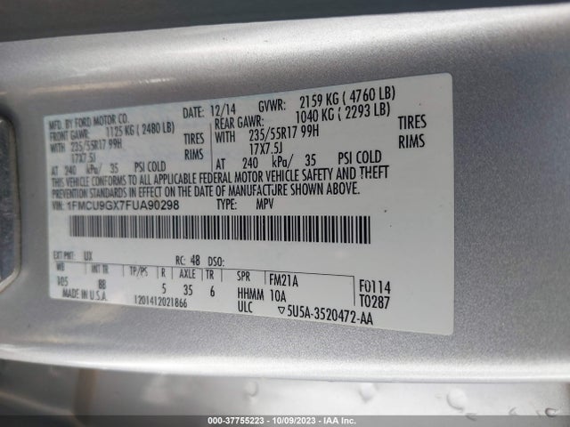 Ford ESCAPE SE 2015 1FMCU9GX7FUA90298 Image 9