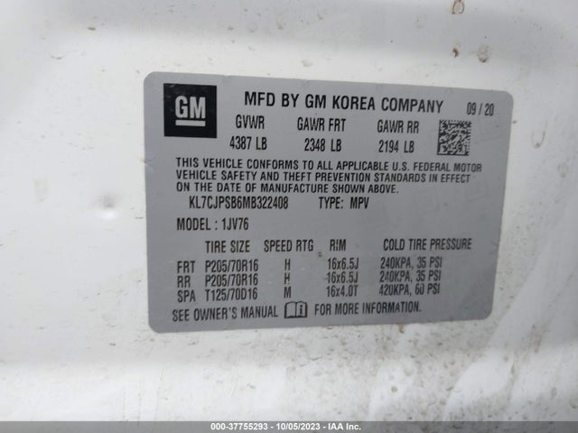 Chevrolet Trax Lt 2021 KL7CJPSB6MB322408 Image 9