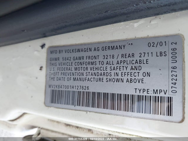 2001 VOLKSWAGEN EUROVAN GLS VIN: WV2KB47001H127626